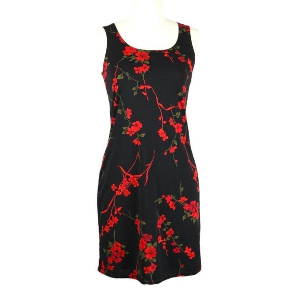 G.A.S. Y2K Black & Red Floral Round-Neck Sleeveless Slip Mini Dress S
